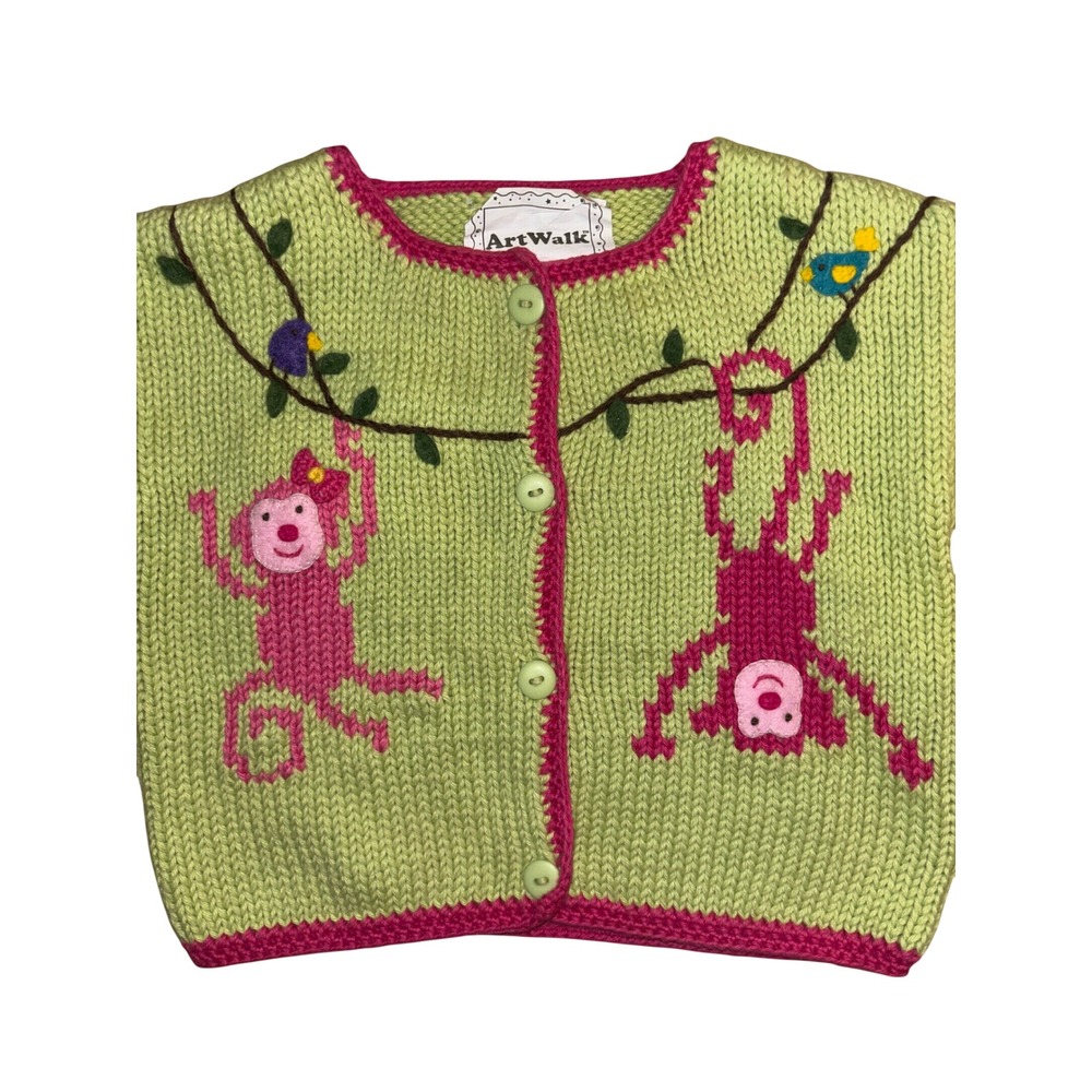 ArtWalk Monkey Knit Cardigan Baby Girl 12 Months Green Pink Peruvian